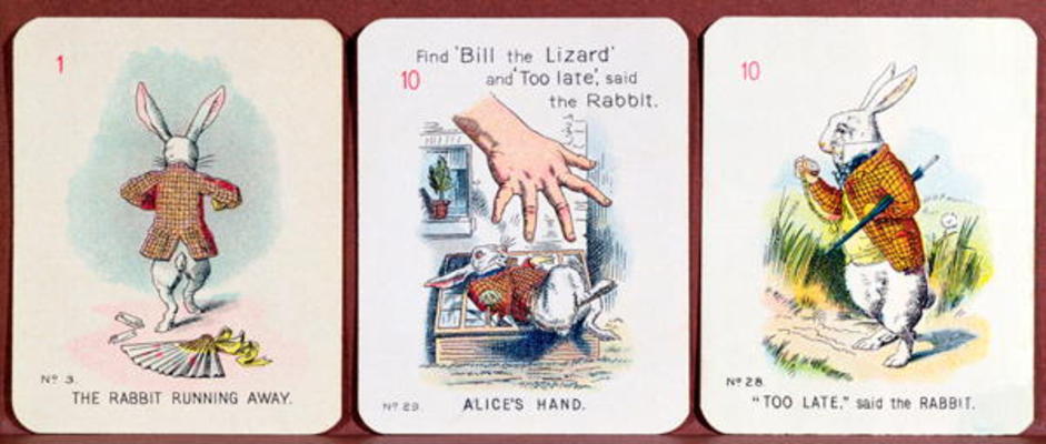 Three 'Happy Family' cards depicting characters from 'Alice in Wonderland' by Lewis Carroll (1832-98 à John Tenniel