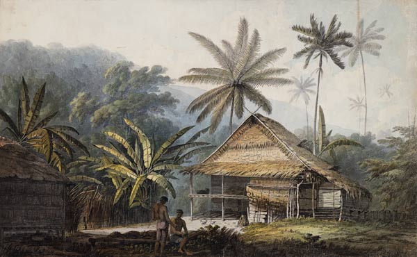Hütte und Palmen auf der Insel Krakatoa. à John Webber
