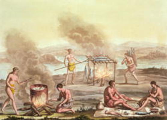Indigenous natives from Florida preparing and cooking food (engraving) à John White