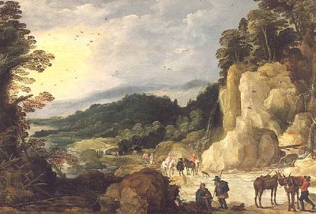 A Mountain Landscape with a Waterfall and Travellers at a Ford à Joos de Momper