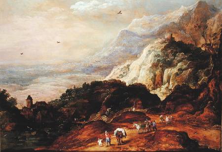 A Mountainous Landscape with Figures and Mules à Joos de Momper