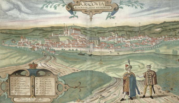 Map of Cracow, from 'Civitates Orbis Terrarum' by Georg Braun (1541-1622) and Frans Hogenberg (1535- à Joris Hoefnagel