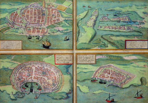 Map of Calais, Malta, Rhodes, and Famagusta, from 'Civitates Orbis Terrarum' by Georg Braun (1541-16 à Joris Hoefnagel