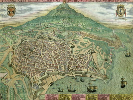Map of Catania, from 'Civitates Orbis Terrarum' by Georg Braun (1541-1622) and Frans Hogenberg (1535 à Joris Hoefnagel