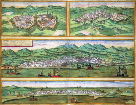 Map of Parma, Siena, Palermo, and Drepanum, from 'Civitates Orbis Terrarum' by Georg Braun (1541-162 à Joris Hoefnagel
