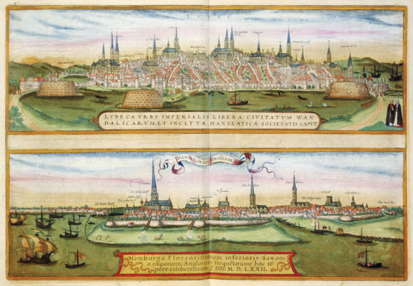 Map of Lubeck and Hamburg, from 'Civitates Orbis Terrarum' by Georg Braun (1541-1622) and Frans Hoge à Joris Hoefnagel