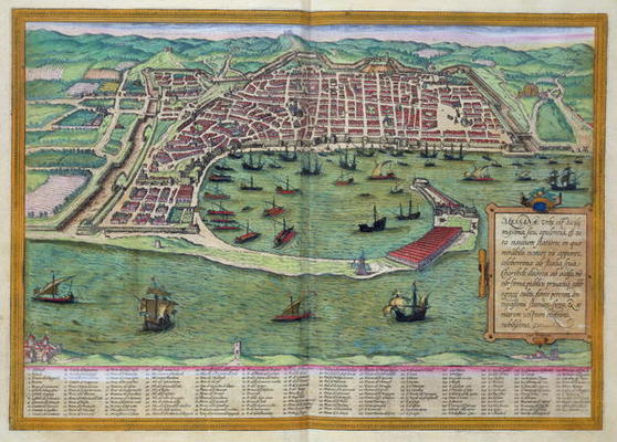 Map of Messina, from 'Civitates Orbis Terrarum' by Georg Braun (1541-1622) and Frans Hogenberg (1535 à Joris Hoefnagel