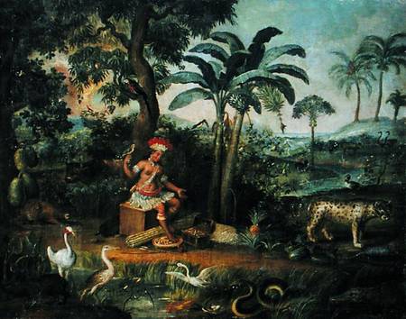 Native Indian in a landscape with animals à Jose Teofilo de Jesus