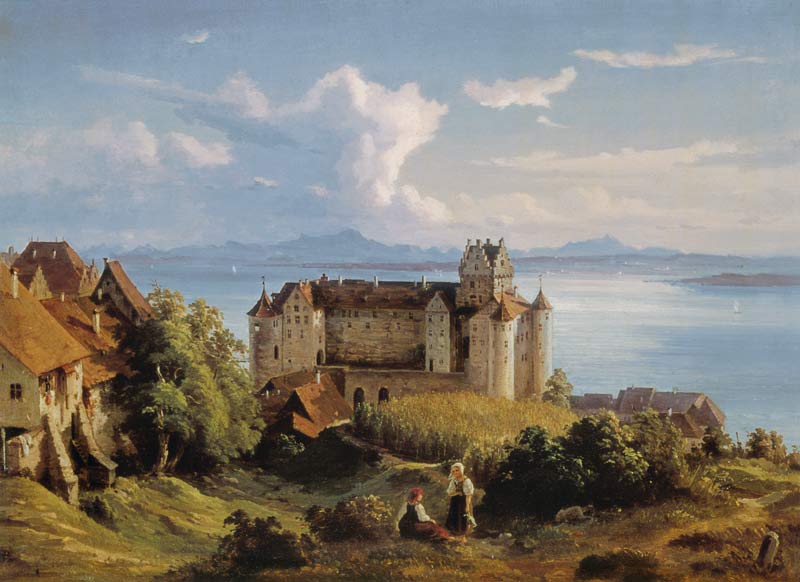 Vue au-dessus du château Mèrsburg sur le lac de Constance et les montagnes suisses à Josef Moosbrugger