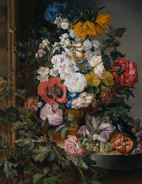 grand bouquet de fleurs avec des fruits, oiseaux et insectes à Josef Schuster
