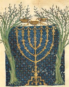 Illumination of a menorah, from the Jewish Cervera Bible