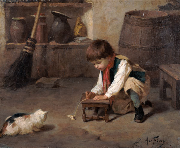 Playing with the Kitten (panel) à Joseph-Athanase Aufray