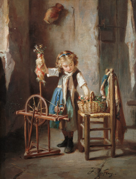 By the Spinning Wheel (panel) à Joseph-Athanase Aufray