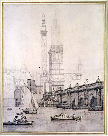 Old London Bridge and the Monument (pen & ink on paper) à Joseph Farington
