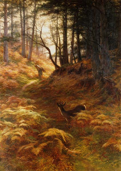 Paysage de forêt avec des ramasseurs de brousaille et l'appui de cerf à Joseph Farquharson