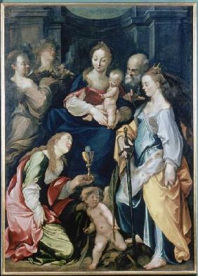 Sainte famille avec des anges, ainsi que Saint  Barbara et Catherine.