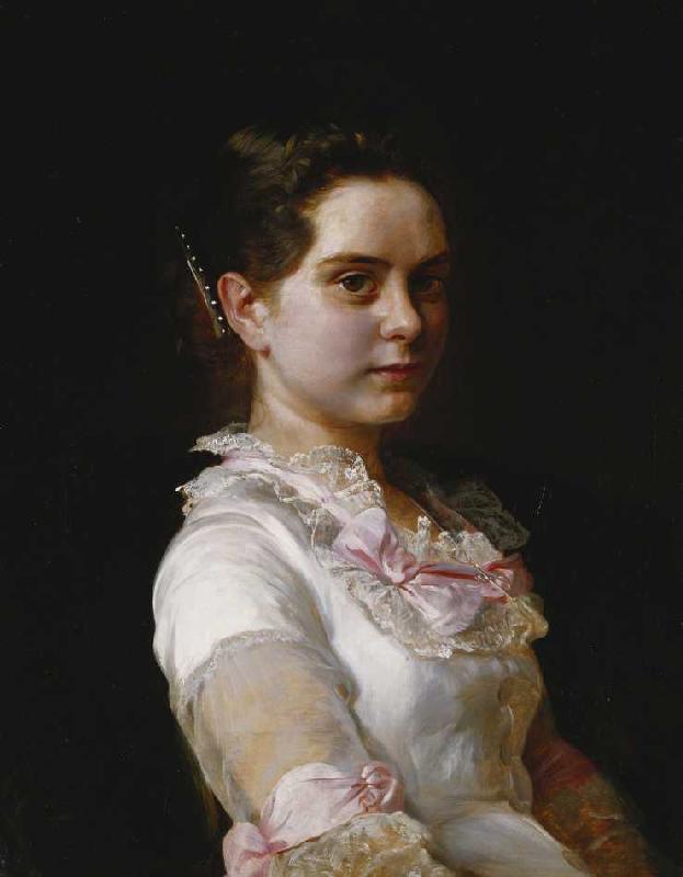 Porträt von Margarete Rieckehoer in weißem Kleid mit rosa Schleifen à Joseph Kostka