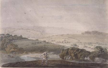A Farmer Sowing, with a River Valley and Rolling Hills Beyond à William Turner