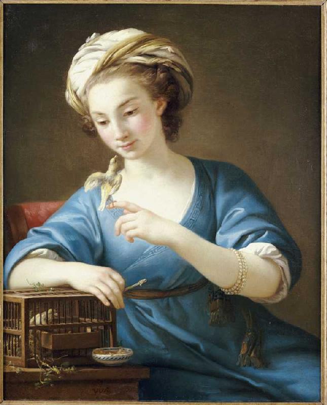 Jeune femme en costume turc avec un oiseau décoratif à Joseph Marie Vien