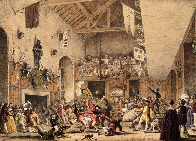 Twelfth Night Revels in the Great Hall, Haddon Hall, Derbyshire, from 'Architecture of the Middle Ag à Joseph Nash