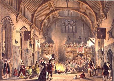 Banquet in the baronial hall, Penshurst Place, Kent, from 'Architecture in the Middle Ages' à Joseph Nash