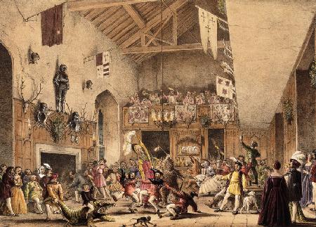 Twelfth Night Revels in the Great Hall, Haddon Hall, Derbyshire, from 'Architecture of the Middle Ag
