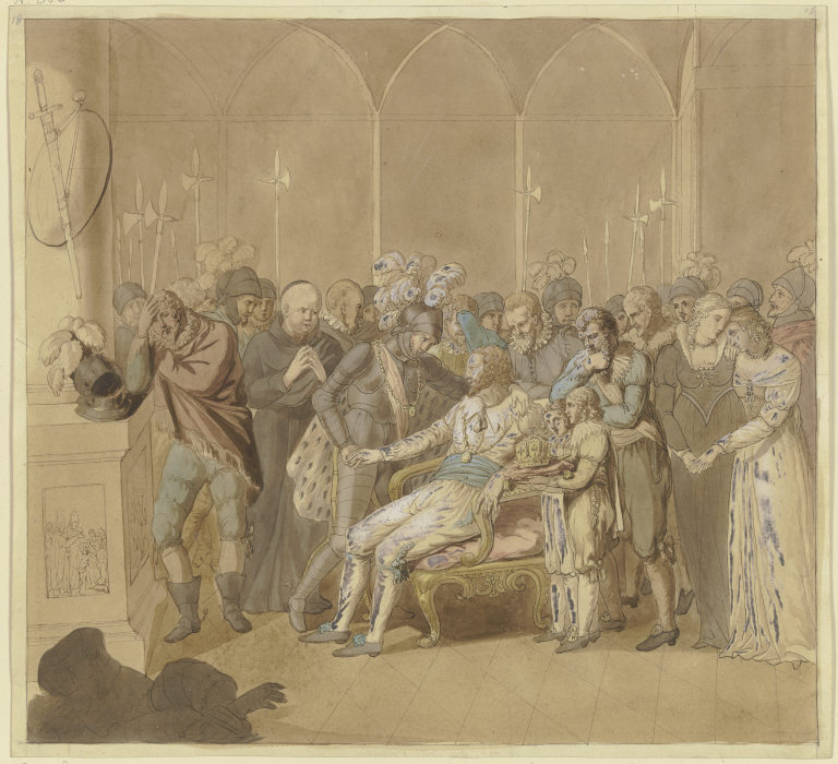König Günther versöhnt sich 1349 auf dem Sterbebette mit seinem Gegenkönig Karl IV. à Joseph Nicolaus Peroux