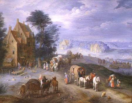 Landscape with peasants, carts and a ferry à Joseph van Bredael
