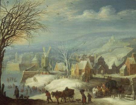 Winter landscape with numerous figures (panel) à Joseph van Bredael