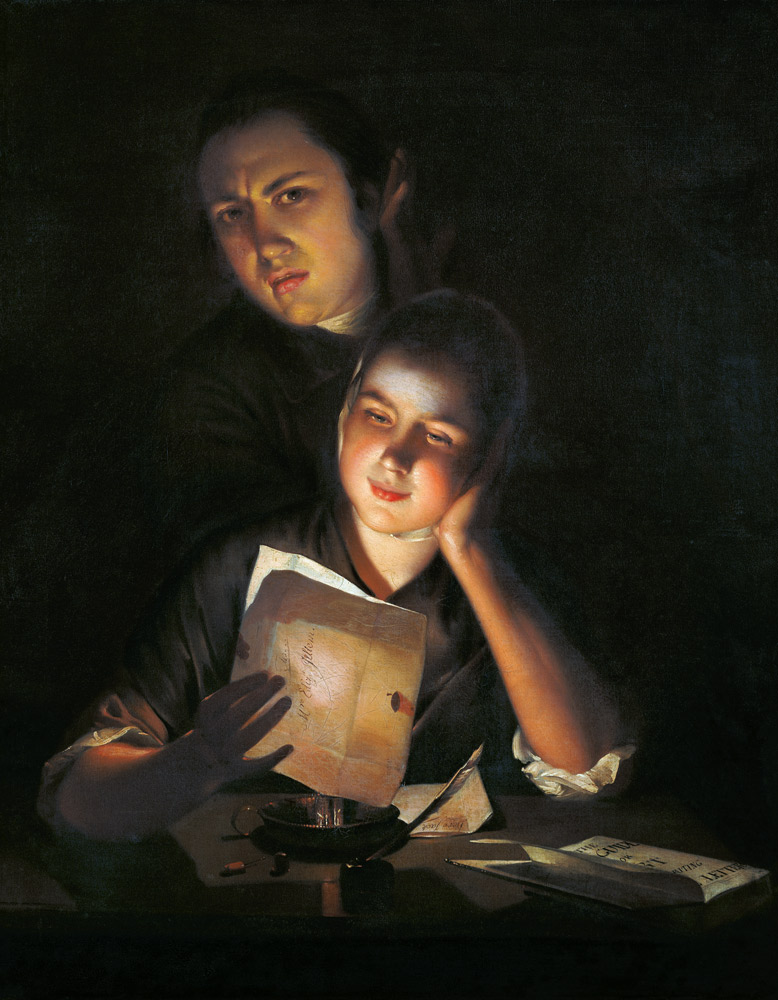 A Girl reading a letter by Candlelight, with a Young Man peering over her shoulder à Joseph Wright of Derby