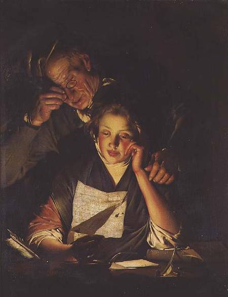 A Girl reading a Letter, with an Old Man reading over her shoulder à Joseph Wright of Derby