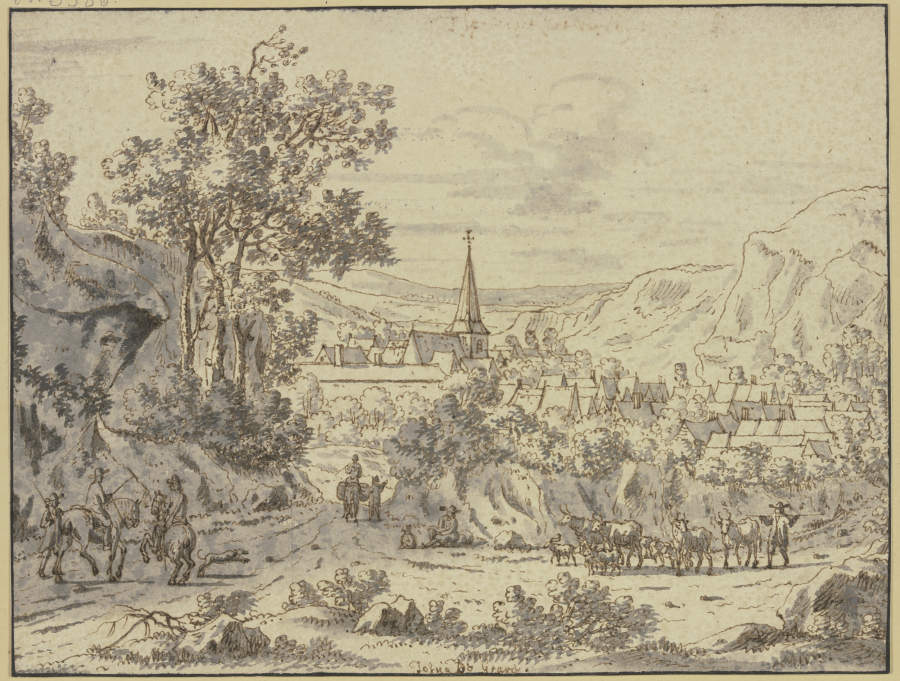 Landschaft mit Dorf, im Vordergrund Reiter und eine Viehherde mit Hirte à Josua de Grave