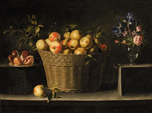 Äpfel in einem Weidenkorb, ein Granatapfel auf einem Silberteller und ein Blumenstrauß in einer Glas à Juan de Zurbaran