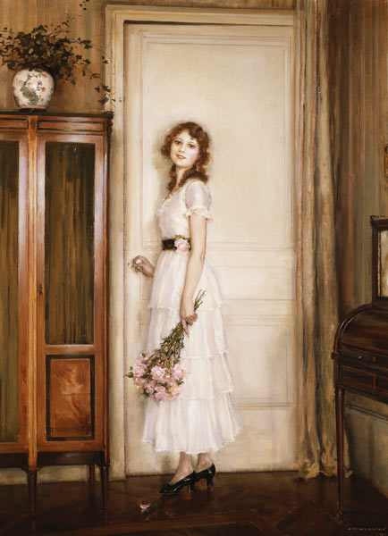 Junge Frau mit einem Rosenstrauß an einer Tür à Jules Alexis Muenier
