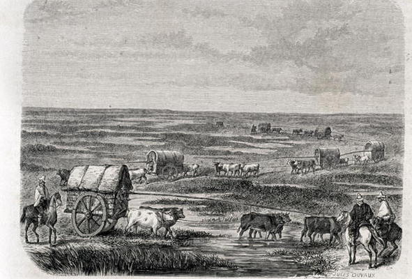 Wagon Train on the Argentinian Pampas in the 1860s, engraved by Alfred Louis Sargent (b.1828) (engra à Jules Antoine Duvaux