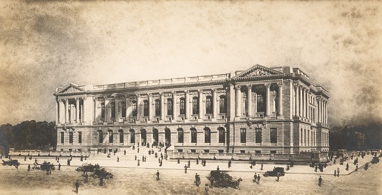 Perspective drawing by Jules Guerin of the Central Library of the Free Library of Philadelphia from  à Jules Guerin