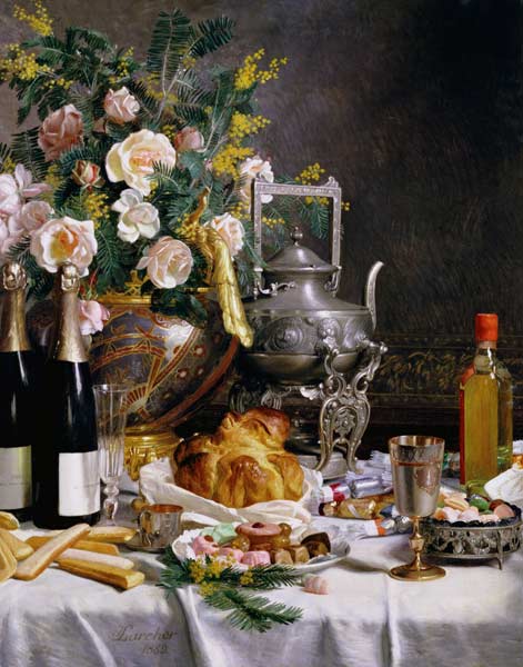 Champagner, Gebäck and Kuchen auf einer gedeckten Tafel à Jules Larcher