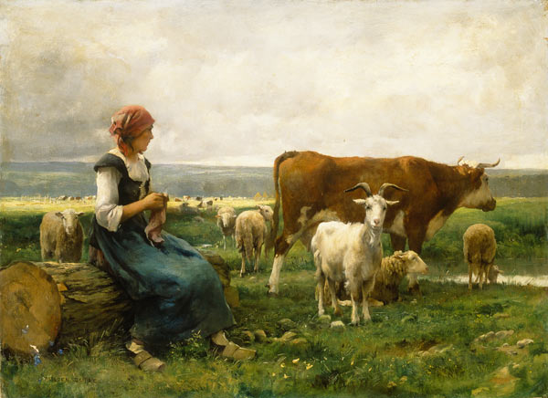 bergère avec des moutons, vaches et chèvres à Julien Dupré