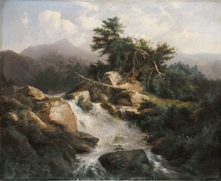 Forest Landscape with Waterfall à Julius Bakof