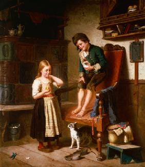 Deux enfants avec le chat à un four de carreau
