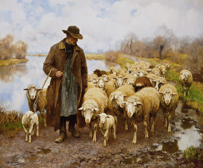 Ein Schäfer mit seiner Herde am See. à Julius Hugo Bergmann