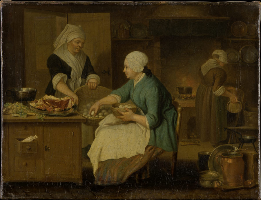 Kitchen Interior with Three Women à Justus Juncker