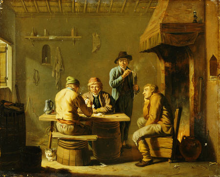 Peasants Playing Cards By A Cottage Fire à Justus Juncker