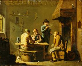 Peasants Playing Cards By A Cottage Fire