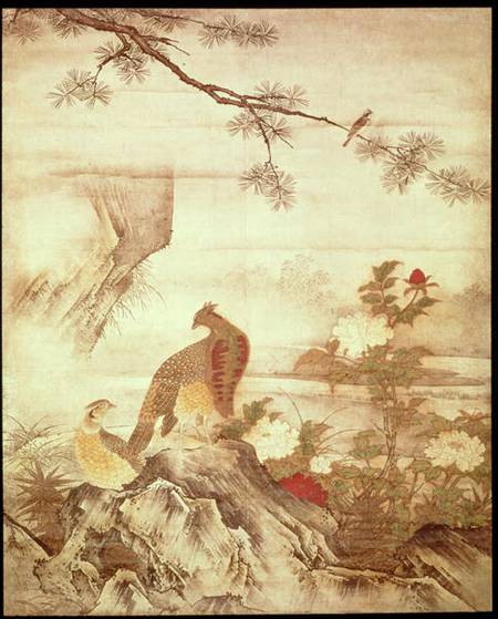 Pheasants and peonies, from a series of scrolls representing Birds and Flowers of the Four Seasons, à Kano  Motonobu