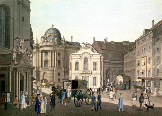 View of Michaelerplatz showing the Old Burgtheater (hand-coloured engraving) à Karel Postl