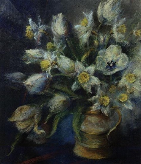 Daffodils, Ice Follies and Tulips, Diana in a brown jug (pastel)  à Karen  Armitage