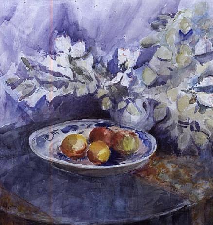 Still life of Apples and Flowers (w/c) à Karen  Armitage