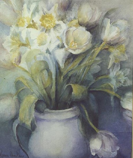 Tulips Fosteriane Purissima and Daffodils, Ice Follies in a White Jug  à Karen  Armitage