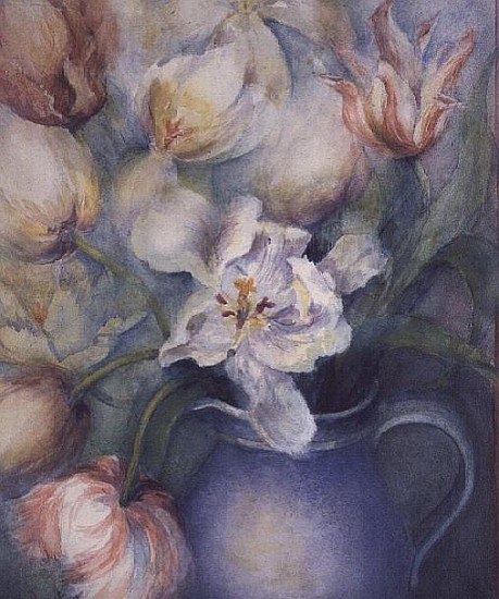 Tulips in a blue jug, white parrot and china pink  à Karen  Armitage